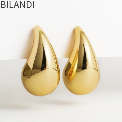 Bilandi Vintage Temperament Gold Color Chunky Dome Drop Earrings for Women Glossy Teardrop Lightweight Hoops Fashion Jewelry