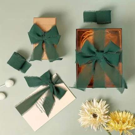 3 Rolls of 5M Chiffon Black Green Frays Ribbon Holiday Gift Wedding Invitation Box Ties,Bouquet Wrapping DIY Material