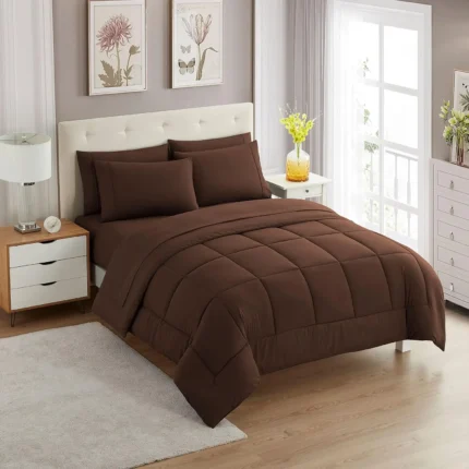 7 Piece Comforter Set Bag Solid Color All Season Soft Down Alternative Blanket & Luxurious Microfiber Bed Sheets, Brown, King