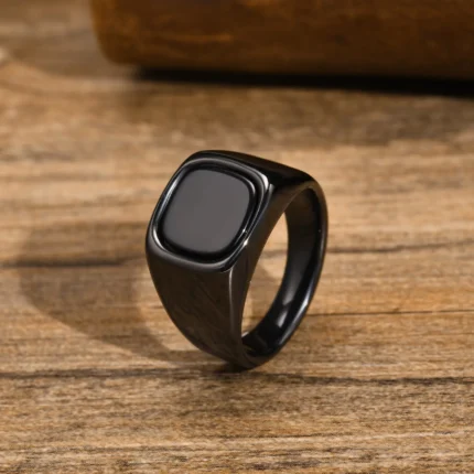 Stylish Black Stone Rings for Men Boys,Waterproof Stainless Steel Geometric Square Ring Signet Ring,Jewelry Gifts for Him