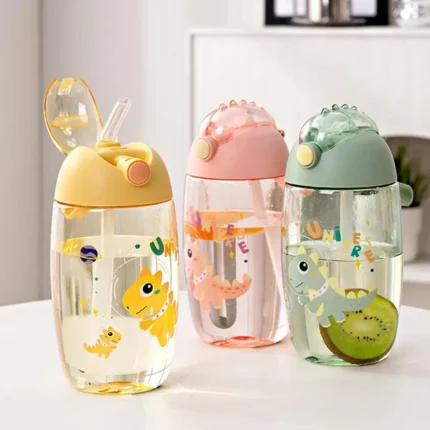 500ML Children's Water Bottle For School Portable Cartoon Dinosaur Sippy Cup Creative Feeding Cup With Straws And Lids Drinkware