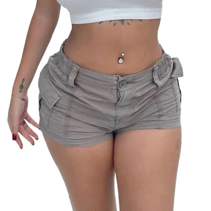 WPNAKS Women Cargo Shorts Summer Clothes Solid Color Vintage Elastic Low Waist Shorts with Pockets Streetwear