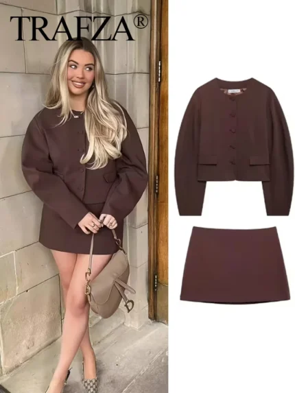 TRAFZA Women Brown Skirt Set Fashion Single Breasted O-Neck Pocket Short Coat+ Solid Zipper Slim Mini Skirts Casual Streetwear